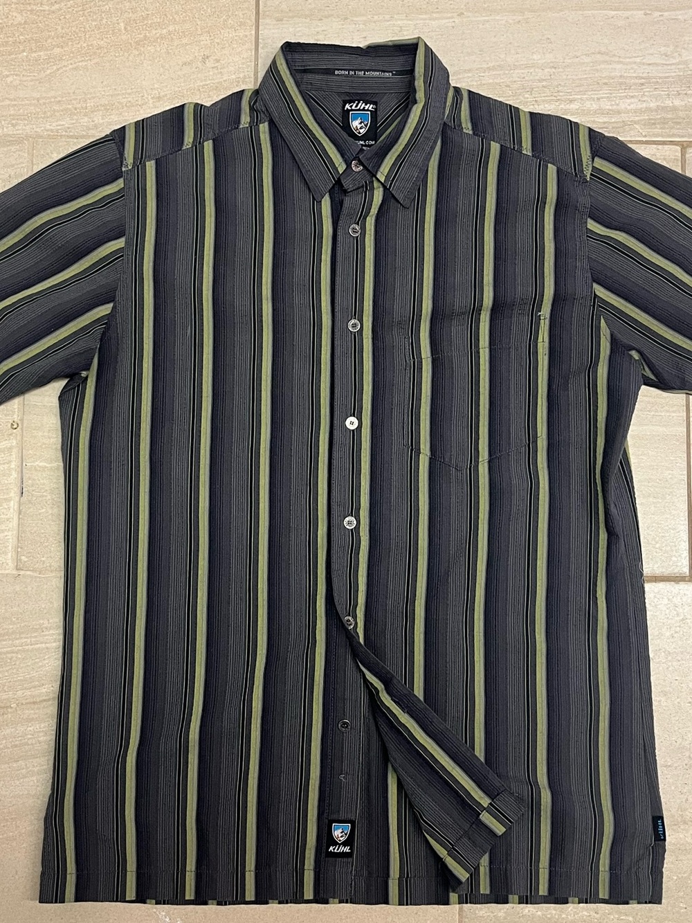 KUHL Short-Sleeve Button-Up — Olive & Black Vertical Stripe